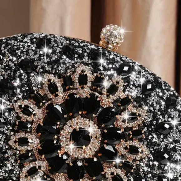 Flower Pattern black Rhinestone gold Metal Chain Handbag evening Clutch 8.2"x 5" - Picture 3 of 9